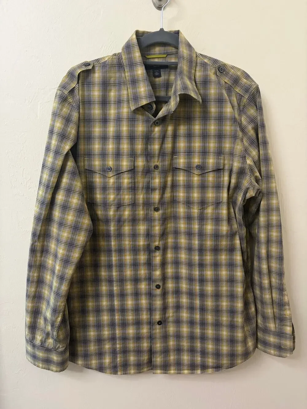 Banana Republic Mens XL Ombre Plaid Utility Shirt Slim Fit Epaulet